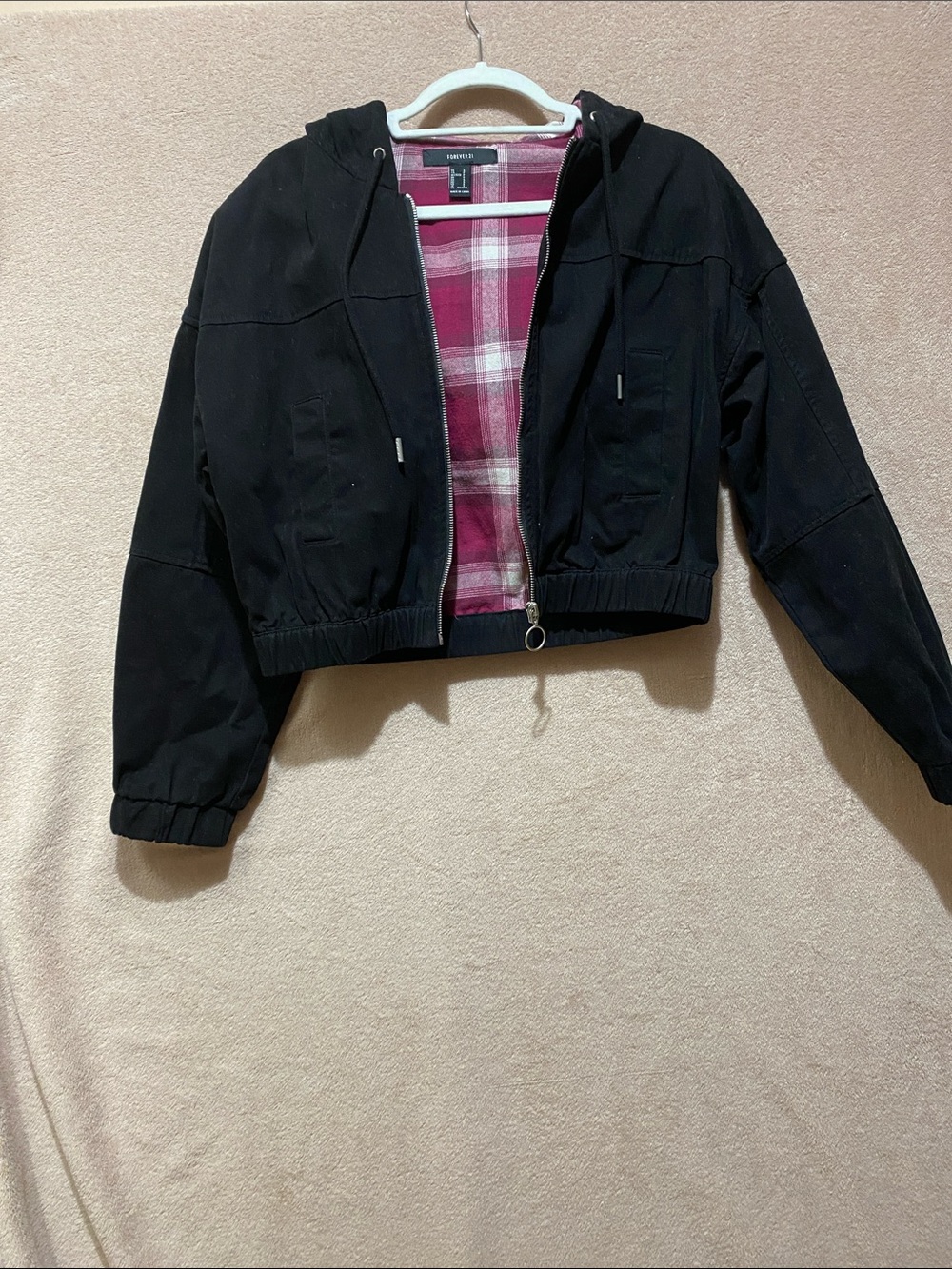 Forever 21 Black Cropped Hooded Bomber with Pink Plaid Lining